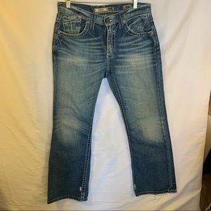 BKE Derek 32S Blue Jeans Straight Medium Wash Faded Distressed Acid Wash Bootcut